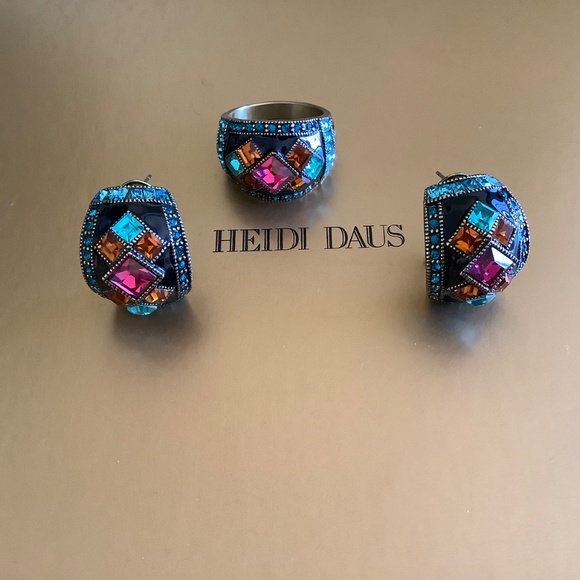 Heidi Daus Set Master Clasp Earrings and Ring Multi Colored Pierced Ring SZ 10 - Picture 5 of 15